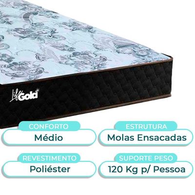 Cama + Bau Azul E Colchão Molas Ensacadas Solteiro - Life Gold Paropas + Cabeceira