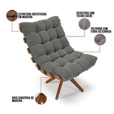 Poltrona Giratória Costela Suede Grafite Base de Madeira MA30 M11 - D'Rossi