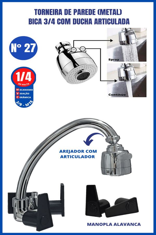 Torneira Parede Metal Bica 3/4 Com Ducha Articulada Manopla Alavanca Preta