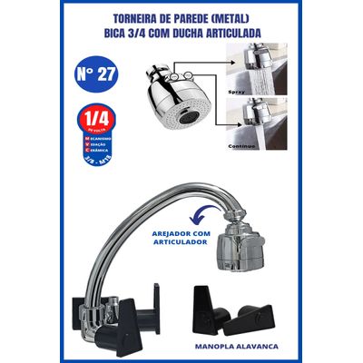 Torneira Parede Metal Bica 3/4 Com Ducha Articulada Manopla Alavanca Preta