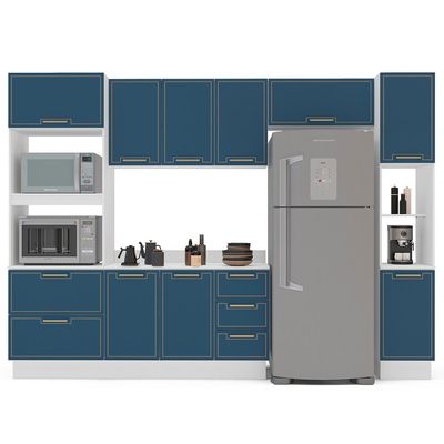 Cozinha Completa com Tampo, Rodapé e Paneleiro Amara 10 Portas 4 Gavetas Azul e Branca