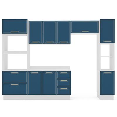 Cozinha Completa com Tampo, Rodapé e Paneleiro Amara 10 Portas 4 Gavetas Azul e Branca
