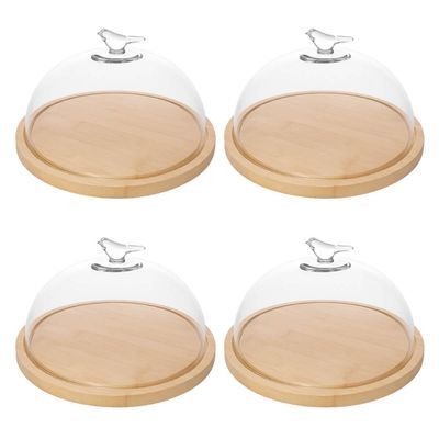 Kit 4 Porta Queijos de Bambu com Cúpula Vidro Queijeira Bird Tábua Frios Wolff