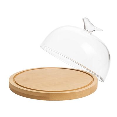 Kit 4 Porta Queijos de Bambu com Cúpula Vidro Queijeira Bird Tábua Frios Wolff
