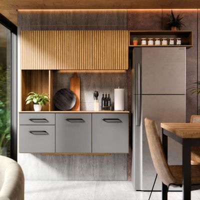 Armário De Cozinha Completo Joana Com 6 Portas E 1 Gaveta Para Cozinha Compacta Ripado Grafite