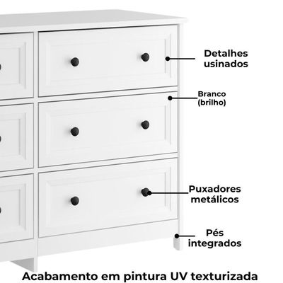 Comoda Para Quarto 6 Gavetas 120 Cm Dm217 Branco Dtall Branco
