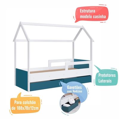 Cama Infantil Montessoriana Casinha Solteiro Gavetas com Roda Branco com Azul