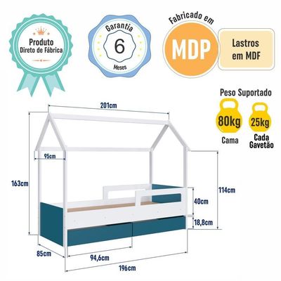 Cama Infantil Montessoriana Casinha Solteiro Gavetas com Roda Branco com Azul