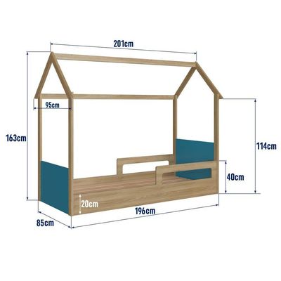 Cama Infantil Montessoriana Casinha Menino Menina Solteiro Com Proteção Lateral Aveiro Com Azul