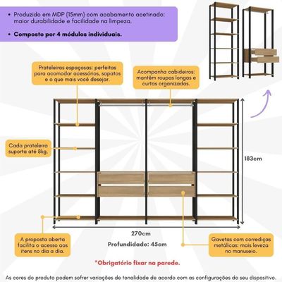 Closet Aberto Modulado Arara Organizadora Com Cabideiro 270cm Allegra Multimóveis Mp4390 Preto/madeirado