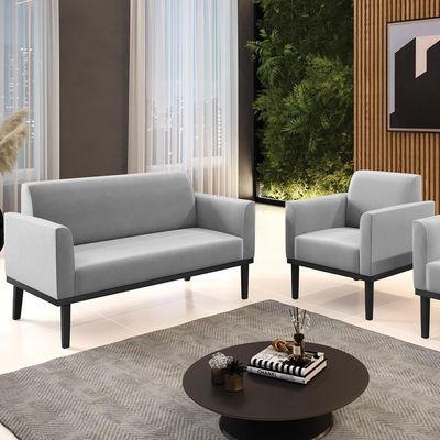 Sofá Namoradeira E 1 Poltrona Base Madeira Preto Maressa Suede Cinza - Ibiza