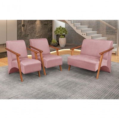 Conjunto Venus Braços Em Madeira Maciça 1 Namoradeira 2 Poltronas Suede Unidecor Rosa