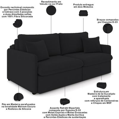 Sofá Cama Retrátil Para Sala de Estar 254cm Una K01 Veludo Preto - Lyam Decor
