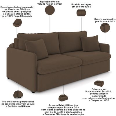 Sofá Cama Retrátil Para Sala de Estar 234cm Una K01 Veludo Marrom - Lyam Decor