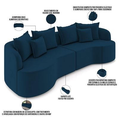 Sofá 4 Lugares Orgânico Sala De Estar Living 270cm Ekos K01 Veludo Azul Marinho - Lyam Decor