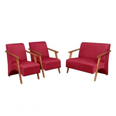 Conjunto Venus Braços Em Madeira Maciça 1 Namoradeira 2 Poltronas Suede Unidecor Vermelho