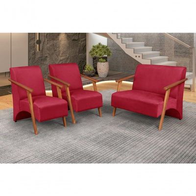 Conjunto Venus Braços Em Madeira Maciça 1 Namoradeira 2 Poltronas Suede Unidecor Vermelho