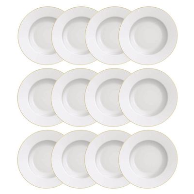 12 Pratos Sobremesa Branco Borda Dourada Porcelana 21cm Filetado Elisa Tramontina