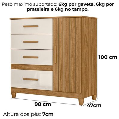 Comoda Venus 4 Gavetas 1 Porta Com Pes 98 Cm Freijo Off White Friso Moval