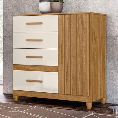 Comoda Venus 4 Gavetas 1 Porta Com Pes 98 Cm Freijo Off White Friso Moval