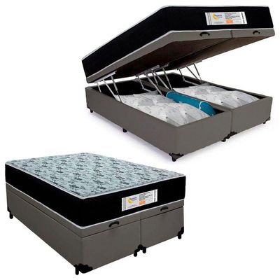 Cama Box Baú Queen Bipartido Sintético + Colchão Molas Ensacadas Sereneprime Sonnolux cinza