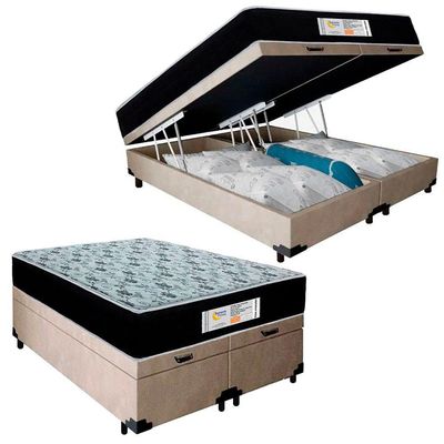Cama Box Baú Queen Bipartido Suede + Colchão Molas Ensacadas Sereneprime Sonnolux bege