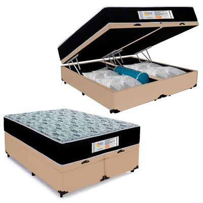 Cama Box Baú Queen Bipartido Sintético + Colchão Molas Ensacadas Sereneprime Sonnolux bege