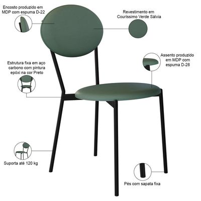 Kit 06 Cadeiras Estofada Para Sala De Jantar Azuri Preto C01 Courino Verde Sálvia - Lyam Decor