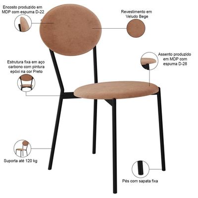 Kit 03 Cadeiras Estofada Para Sala De Jantar Azuri Preto C01 Veludo Bege - Lyam Decor