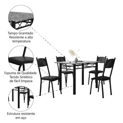 Conjunto De Mesa Sala De Jantar Sara Com 4 Cadeiras Tubular Granito 1,20m Artefamol Preto