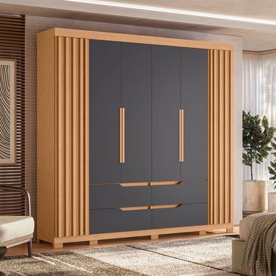 Guarda-Roupa Casal Doble com Cabideiro 6 Portas de Bater e 4 Gavetas Palumóveis Freijó/Titanium