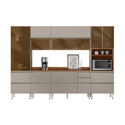 Armário de Cozinha Compacta com 5 Vidros Reflecta Proença 9 Portas 11 Gavetas Nude e Nogueira