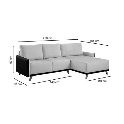 Sofá 5 Lugares Geribá com Chaise Direito Linho Cinza e Preto