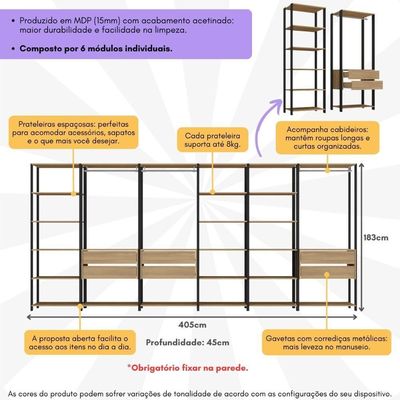 Closet Aberto Modulado Arara Organizadora Com Cabideiro 405cm Allegra Multimóveis Mp4391 Preto/madeirado