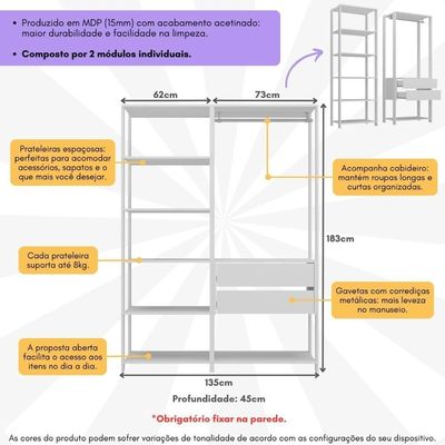 Closet Aberto Modulado Arara Organizadora Com Cabideiro 135cm Allegra Multimóveis Mp4389 Branco