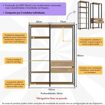 Closet Aberto Modulado Arara Organizadora Com Cabideiro 135cm Allegra Multimóveis Mp4389 Preto/madeirado
