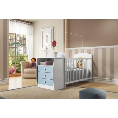 Berço Rafael com Gavetas Branco e Azul para Colchão 130x60