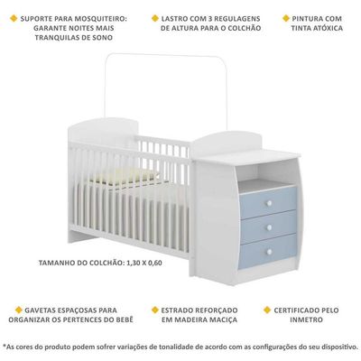 Berço Rafael com Gavetas Branco e Azul para Colchão 130x60