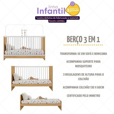 Berço 3 Em 1 Com Colchão Incluso Multimóveis Mp4394 Madeirado/branco