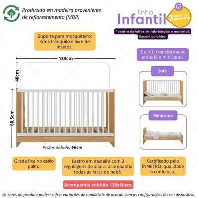 Berço 3 Em 1 Com Colchão Incluso Multimóveis Mp4394 Madeirado/branco