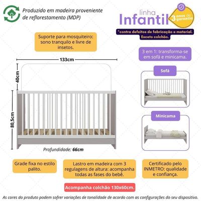 Berço 3 Em 1 Com Colchão Incluso Multimóveis Mp4394 Cinza/branco