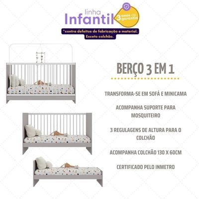 Berço 3 Em 1 Com Colchão Incluso Multimóveis Mp4394 Cinza/branco