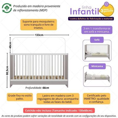 Berço 3 Em 1 Para Colchão 60 X 130 Cm Multimóveis Mp0527g - Cinza/branco