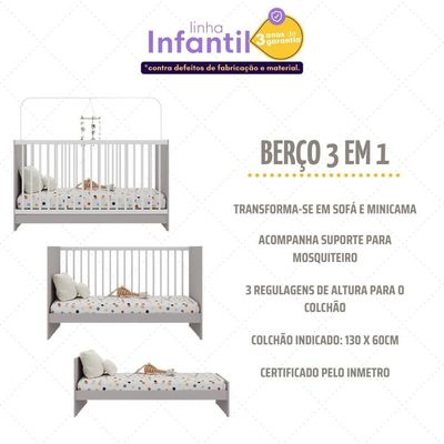 Berço 3 Em 1 Para Colchão 60 X 130 Cm Multimóveis Mp0527g - Cinza/branco