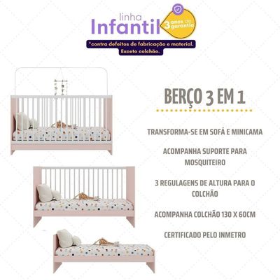 Berço 3 Em 1 Com Colchão Incluso Multimóveis Mp4394 Rosa/branco