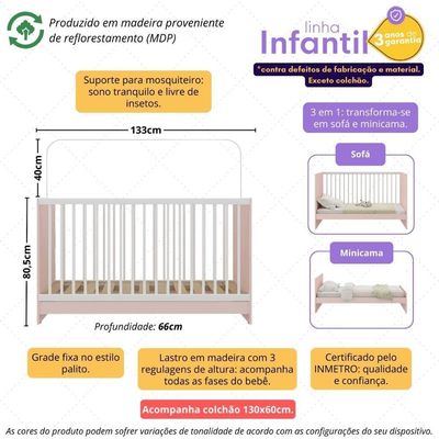Berço 3 Em 1 Com Colchão Incluso Multimóveis Mp4394 Rosa/branco