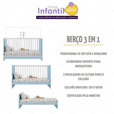 Berço 3 Em 1 Para Colchão 60 X 130 Cm Multimóveis Mp0527g - Azul/branco