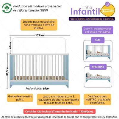 Berço 3 Em 1 Para Colchão 60 X 130 Cm Multimóveis Mp0527g - Azul/branco