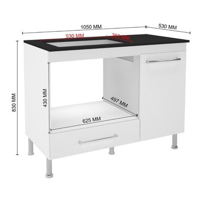 Balcão De Cozinha Para Cooktop-forno 105cm Com Tampo 1 Porta 1 Gaveta Multimóveis Cr20498 Branco-preto