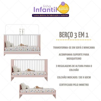 Berço 3 Em 1 Para Colchão 60 X 130 Cm Multimóveis Mp0527g - Rosa/branco